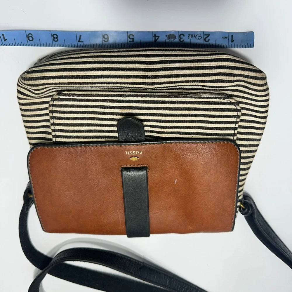 Fossil Kinley Crossbody Bag Womens Small Brown Striped Canvas Leather Flap Purse